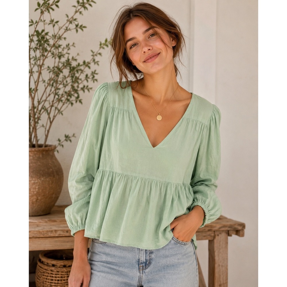 Newbury Kustom Mint Green Cotton Peplum Babydoll Boho Blouse Size L
